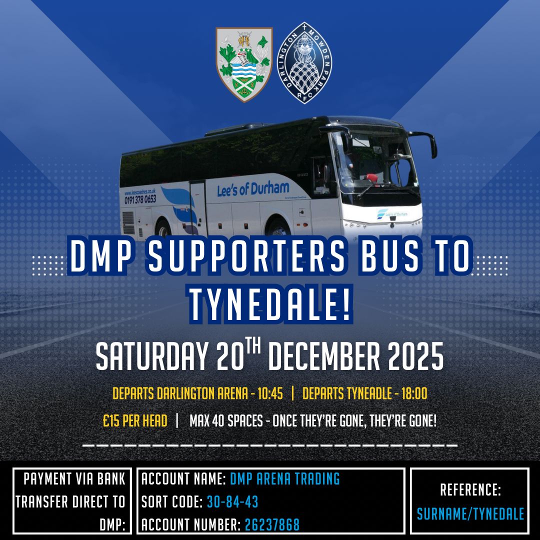 MowdenPark's tweet photo. All aboard! 🚌

The DMP Supporters Bus heads to Tynedale on Saturday 20th December, departing the Darlington Arena at 10:45am. 

Book now to secure your spot!🏉 💙

#MowdenFamily https://t.co/x6b0yILnMX