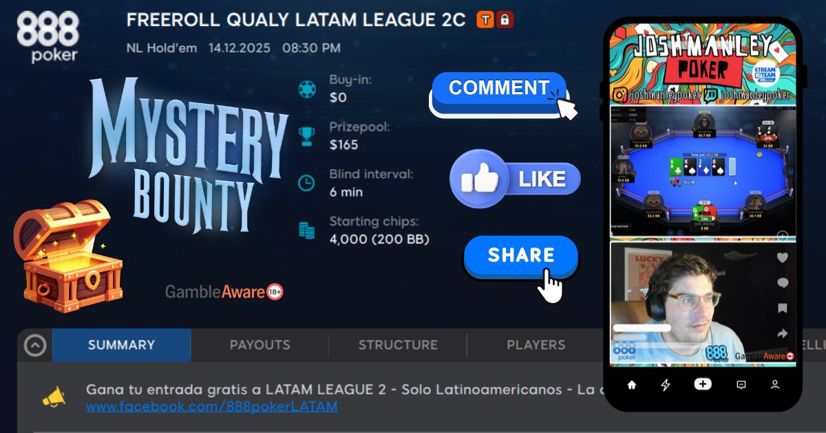 888pokerLatam's tweet photo. 🔐 Contraseña para el Freeroll Qualy 2C del DOMINGO con 5️⃣0️⃣ tickets para clasificar a la FECHA 2 LATAM LEAGUE del lunes 15 de diciembre.
Para recibirla por mensaje privado solo debes realizar estos 3 pasos:
1) Dale me gusta 👍❤️
2) Comparte 🔄
3) Comenta con cuanto OUTS tiene el VILLANO (7♠️4♠️) en el TURN para ganarle a JOSH 😮en el video⤵️

👉 20:30 🇺🇾 🇦🇷 🇵🇾 🇨🇱 – 18:30 🇪🇨 🇵🇦 – 17:30 🇲🇽 🇨🇷 🇬🇹