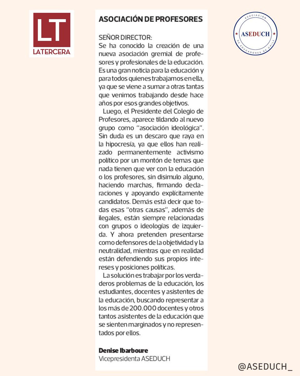 Compartimos carta publicada hoy en <a href="/latercera/">La Tercera</a> ; sobre la creación de una nueva Asociación gremial de profesores; lo cual constituye  una gran noticia para la educación y para todos quienes trabajamos en ella.