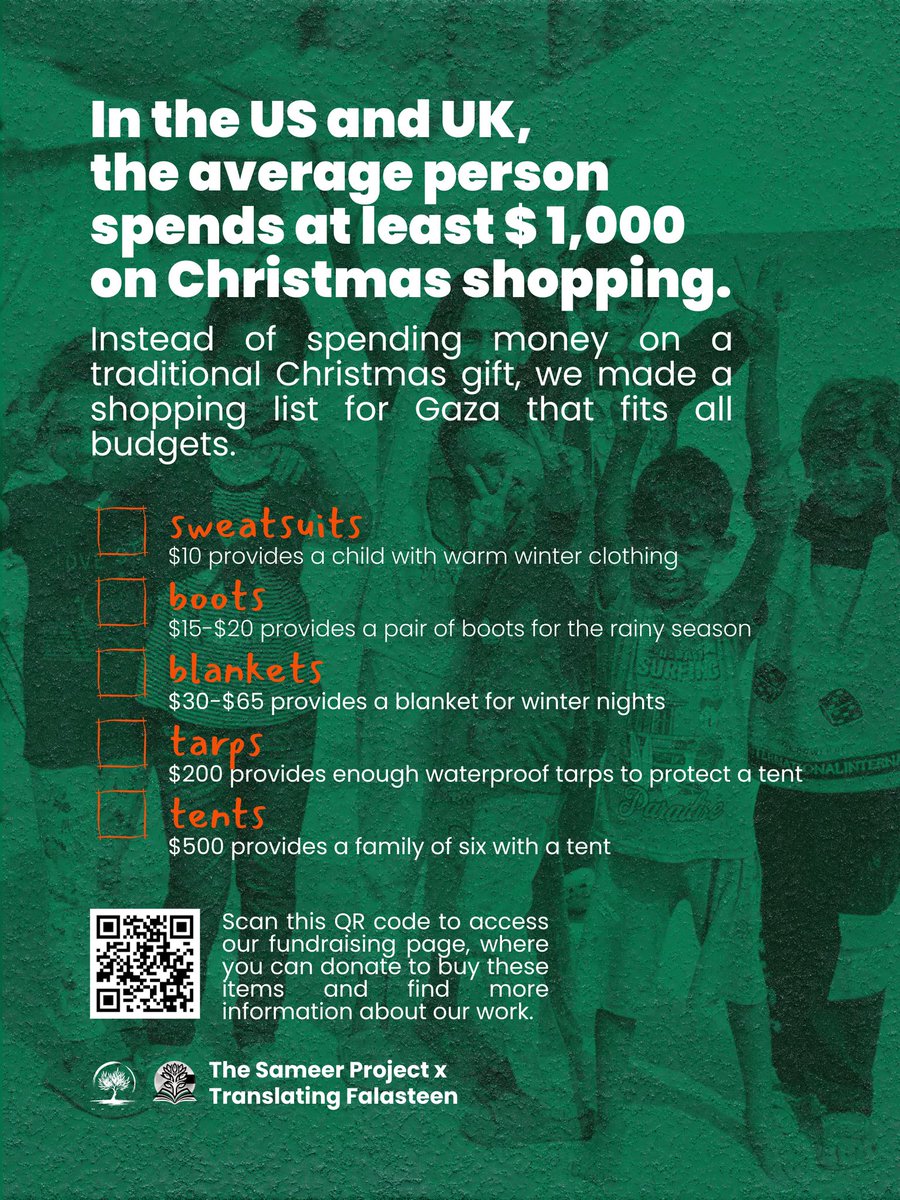 sameerproject's tweet image. The holiday season is filled with family, warmth, comfort, and memories to last a lifetime. You might get together with loved ones for a meal, you might exchange gifts…no matter how you celebrate please keep Gaza in mind: linktr.ee/thesameerproje…

You might even consider giving a…
