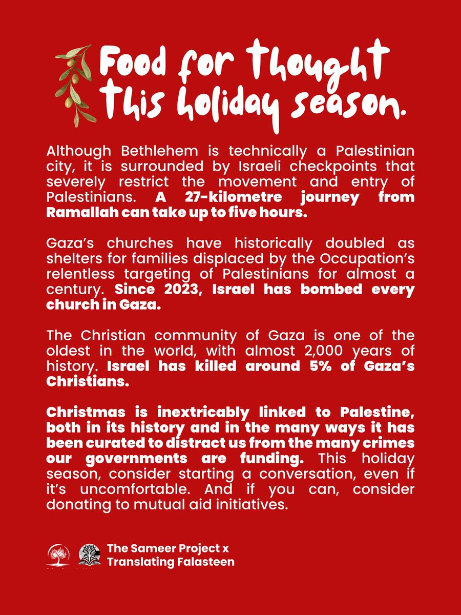 sameerproject's tweet image. The holiday season is filled with family, warmth, comfort, and memories to last a lifetime. You might get together with loved ones for a meal, you might exchange gifts…no matter how you celebrate please keep Gaza in mind: linktr.ee/thesameerproje…

You might even consider giving a…