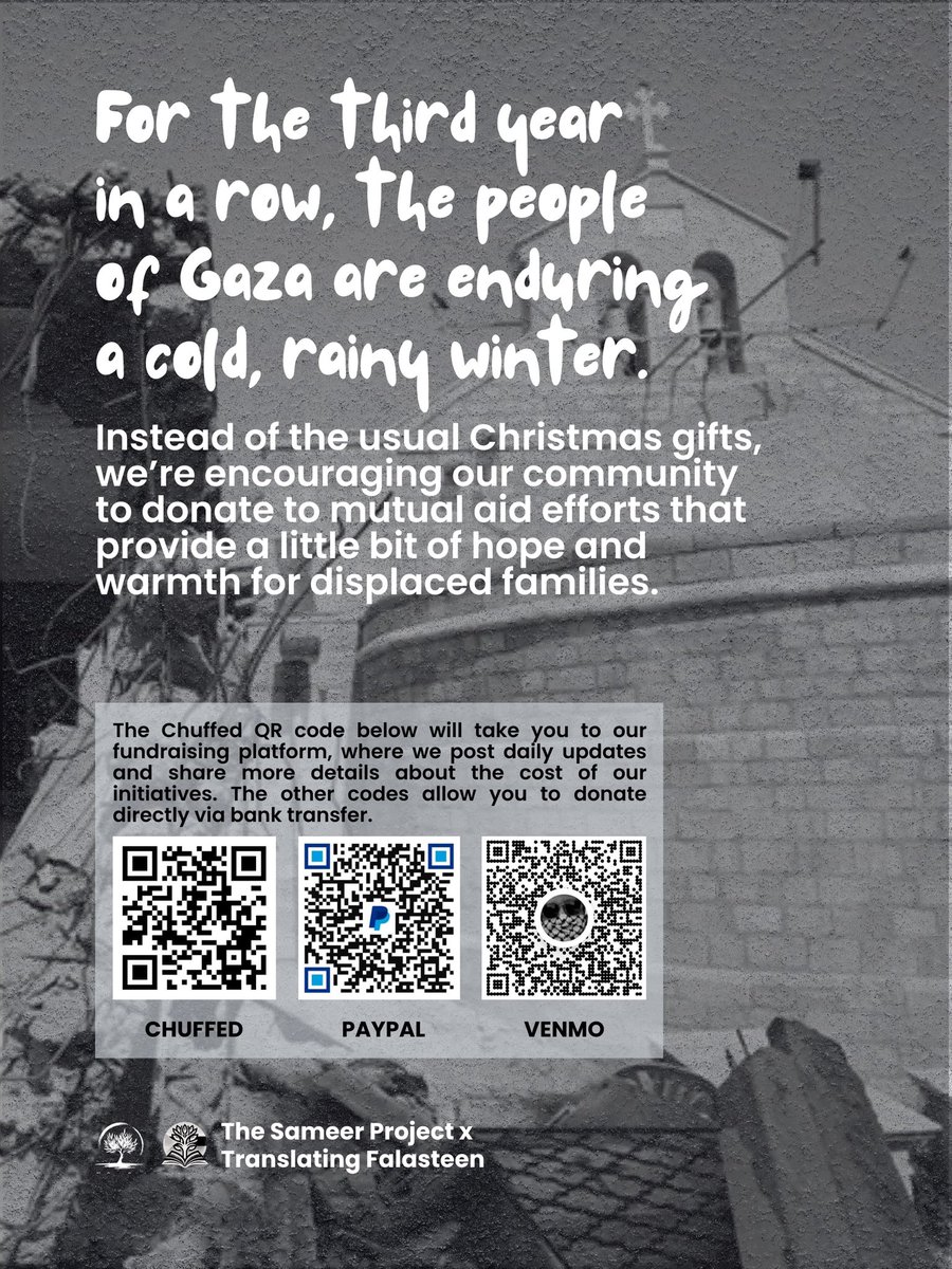 sameerproject's tweet image. The holiday season is filled with family, warmth, comfort, and memories to last a lifetime. You might get together with loved ones for a meal, you might exchange gifts…no matter how you celebrate please keep Gaza in mind: linktr.ee/thesameerproje…

You might even consider giving a…