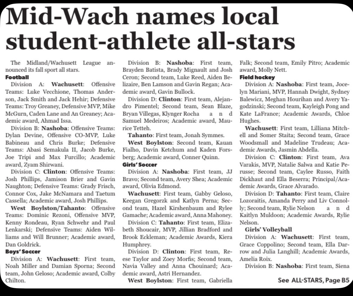 Mid-Wach All-star
<a href="/WRHSFBCoach/">Mike Dubzinski</a> 
<a href="/Coach_Toomey/">Coach Jake Toomey</a> 
<a href="/Coach_BentzFSU/">Brad Bentz</a> 
<a href="/CoachBolt_/">Zack Boltruczyk</a> 
<a href="/ScoutingNE/">Coach Silva</a> 
<a href="/PRZNewEngland/">Prep Redzone New England</a> 
<a href="/WRHS_Football/">Wachusett Football</a>