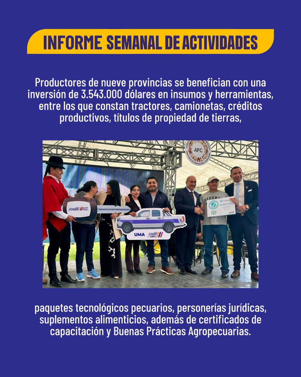 AgriculturaEc's tweet photo. #MAGPInforma | Esta semana, el agro avanzó en territorio👨🏻‍🌾✨

Acompañamos a productores y comunidades con acciones que fortalecieron la Agricultura Familiar Campesina, el trabajo asociativo y una producción sostenible, en articulación con aliados estratégicos por el desarrollo rural de #ElNuevoEcuador. 🇪🇨🌾