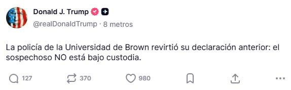 Un desastre |🚨TRUMP se RETRACTA de declaraciones anteriores. Este sábado se ha reportado la presencia de un tirador activo en el campus de la Universidad Brown en la ciudad de Providence, en el estado de Rhode Island. 

La información preliminar indica que hay múltiples heridos,