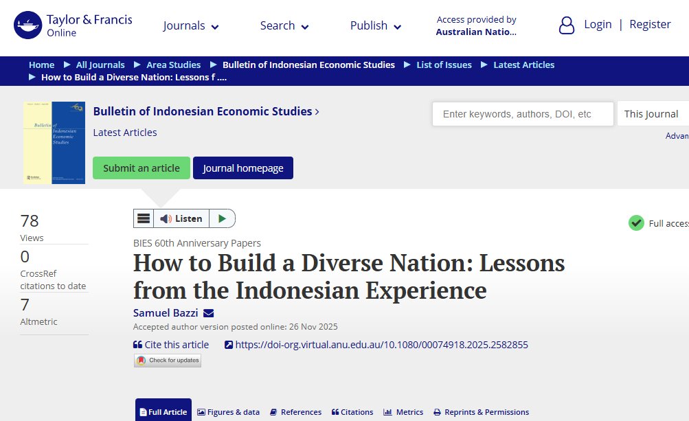 Paper baru Sam Bazzi tentang nation-building ini harus jadi salah satu bacaan wajib di saat kita sedang mempertanyakan kembali, ini negara kok masih bertahan aja ya?  Published version-nya (peer-reviewed) telah terbit di <a href="/BIESjournal/">BIES journal</a> .  Link: www-tandfonline-com.virtual.anu.edu.au/doi/full/10.10…