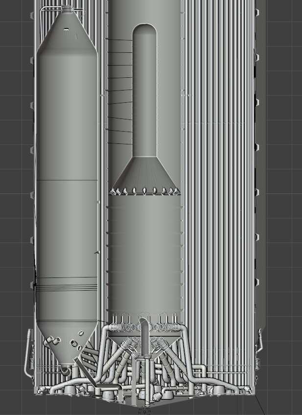 宙ページ side view of the booster internal plumbing and landing tanks