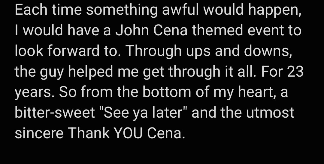 taylarrmade's tweet photo. #AskCena
I have nothing to ask, only a heartfelt #ThankYouCena for everything. Tonight 34 year old me isn't watching, but 10 year old me will be glued to the TV. One final time ❤️ https://t.co/0TLlS9vSL9