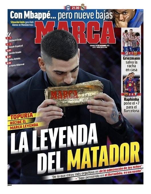 غلاف صحيفة ماركا | مع مبابي لكن بتسع غيابات. وضع معقّد لتشابي ألونسو في مينديزوروتزا.. غريزمان. ينقذ أتلتيكو ويُنهي عقدة المباريات دون فوز على أرضه.. رافينيا. يُسجل ويقود برشلونة لتحقيق الانتصار السابع تواليًا 