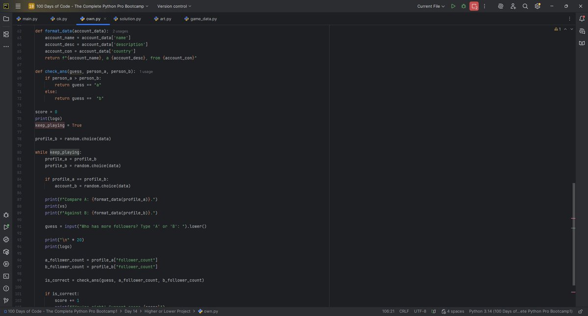 jayyprinzz's tweet image. Day 14 — Built the Higher–Lower game.
Simple concept, real logic.

What stood out wasn’t the code — it was how calm the problem-solving felt compared to earlier days.

Consistency is changing how I think.

#100DaysOfCode #pythonprograms