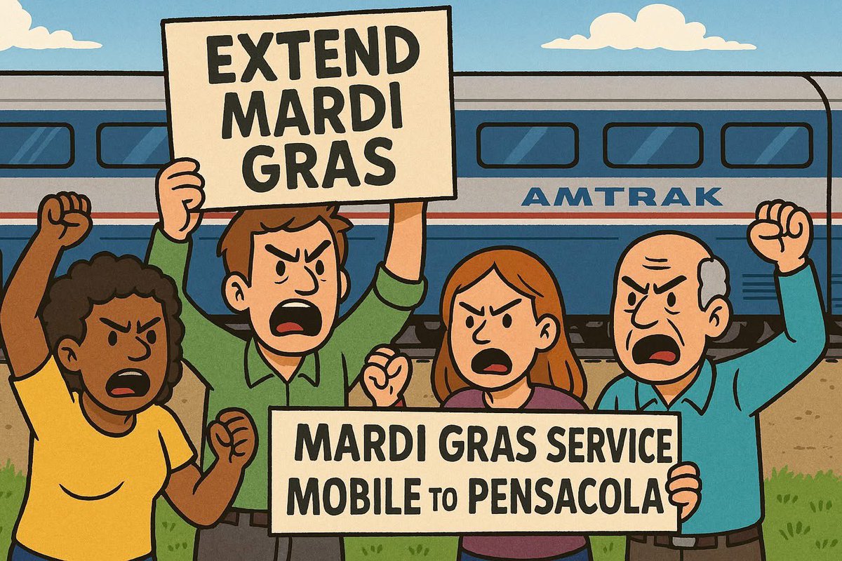 People are really angry about Amtrak’s new Mardi Gras service.

Really angry it doesn’t go to Pensacola!
(Graphic from Downtown Mobile Today)