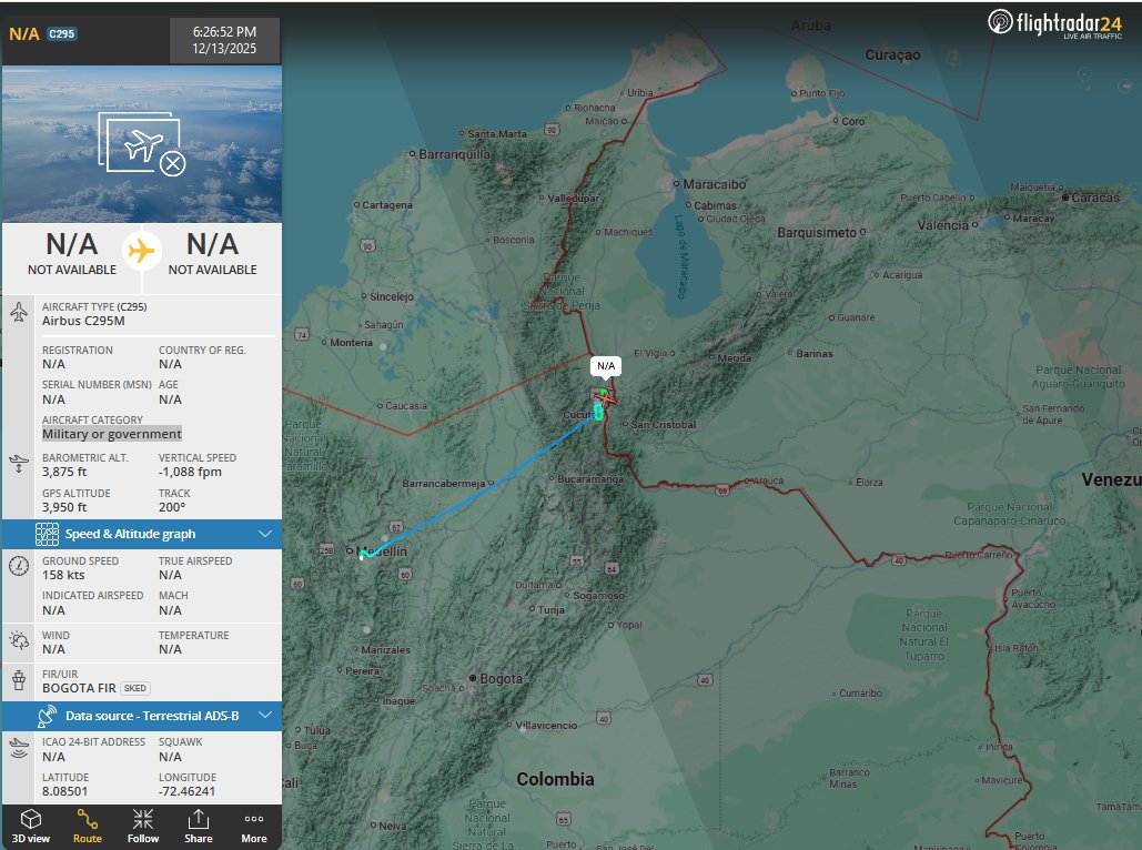 FlconEYES's tweet photo. Movimiento militar en #Cúcuta, frontera de #Venezuela con #Colombia
Sale @Conviasa YV3052 Embraer E190AR de Cúcuta, cuando apenas aterrizaba el #FAC1281
https://t.co/N1fZrM8M2W
https://t.co/3SaaBOoFfv
Helicóptero militar supervisando todo.
#AvGeek #ADSB #planespotting #13Dec https://t.co/mBtHf8uPRK