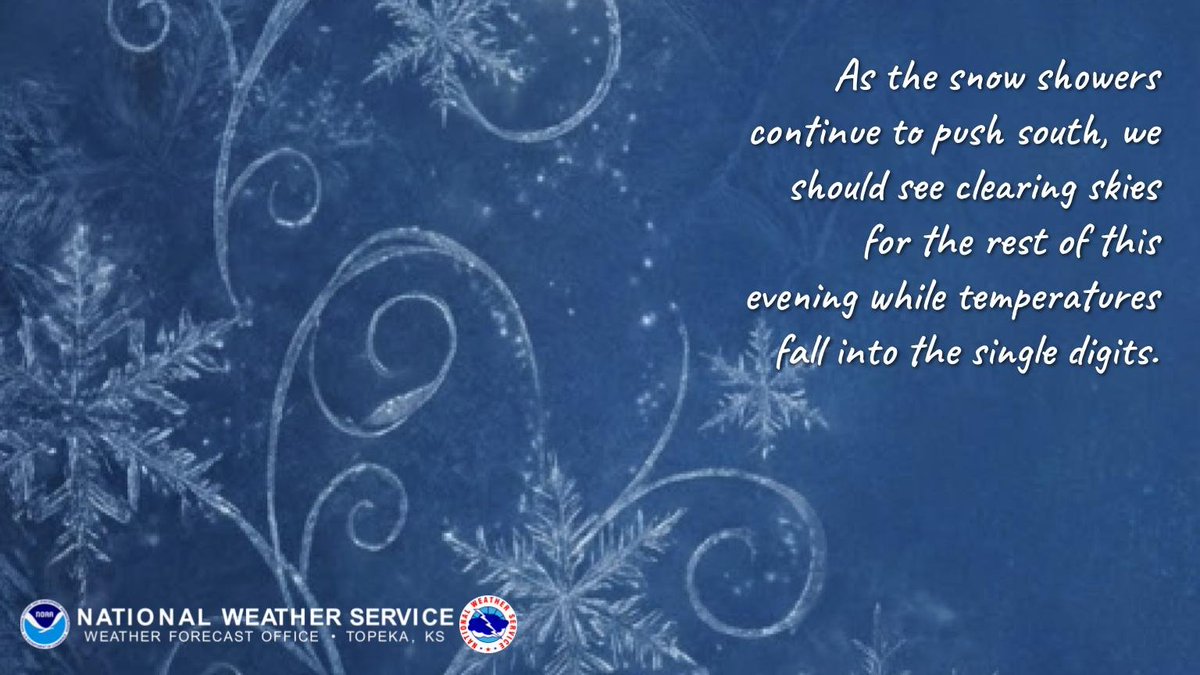 Snow showers continue to push south and we should see clearing skies for the rest of this evening while temperatures fall into the single digits. #kswx