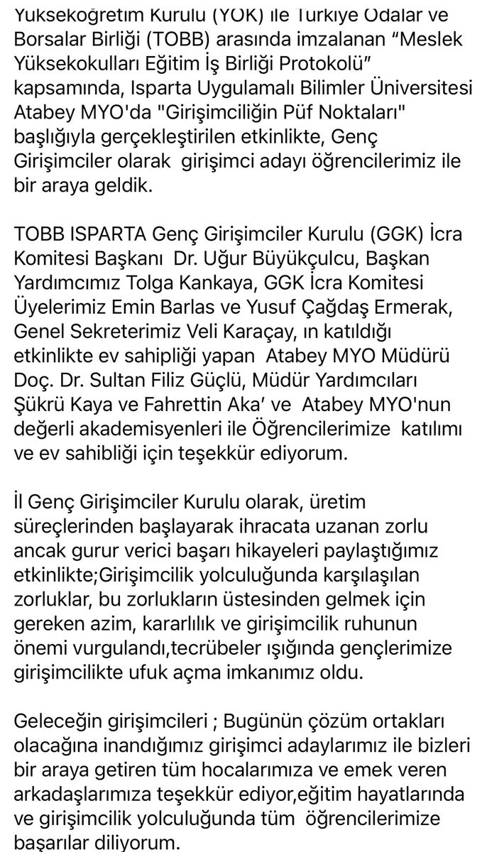 ISPARTAGGK's tweet photo. YÖK ile Türkiye TOBB arasında imzalanan“Meslek Yüksekokulları Eğitim İş Birliği Protokolü” kapsamında, Isp.Uygulamalı Bilimler Üni. Atabey MYO'da "Girişimciliğin Püf Noktaları" başlıklı etkinlikte, Genç Girişimciler olarak  girişimci adayı öğrencilerimiz ile bir araya geldik. https://t.co/hLgNDsJkm2
