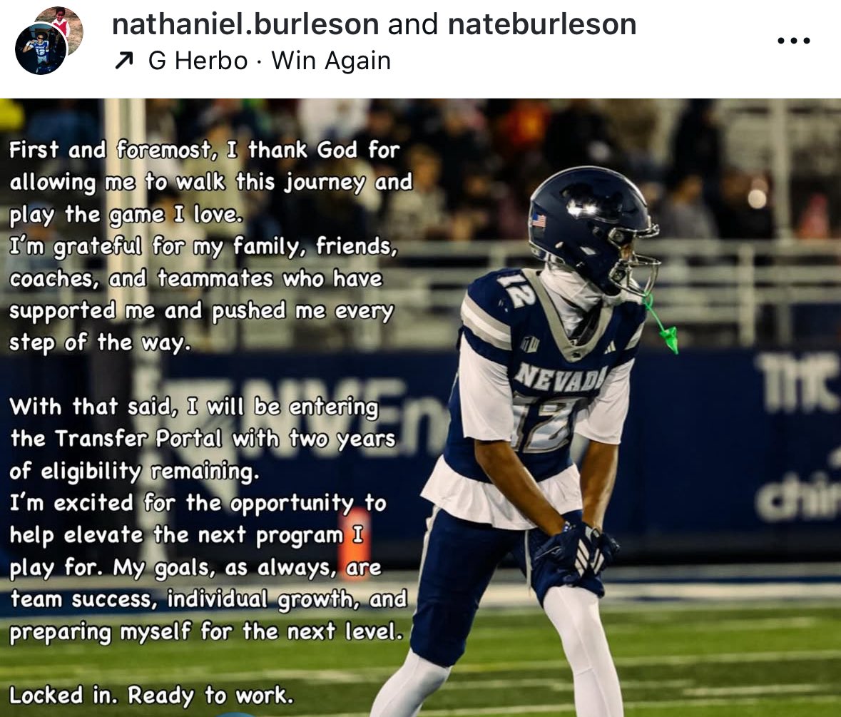 NevadaSportsNet's tweet photo. WR Nate Burleson II announces he is entering the transfer portal after three seasons at Nevada. In 23 games, he caught eight passes for 146 yards and one touchdown. https://t.co/Blmn0jSvFA