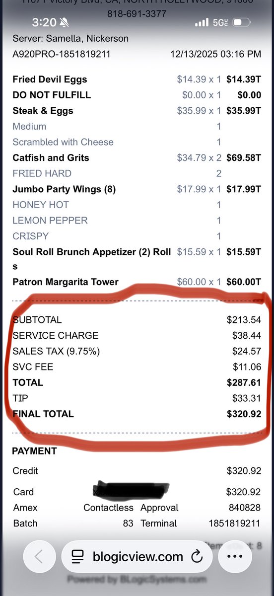 This kinda shit only happens at black owned  restaurants..How the fuck do you charge our table a service charge and a service fee and automatic gratuity?!