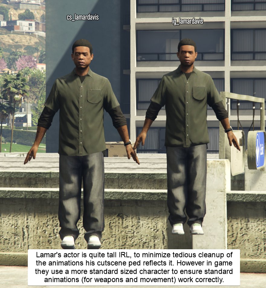 Lucas7yoshi_RS's tweet image. In GTA 5 characters that appear in cutscenes have two versions: a CS (cutscene) version and a IG (ingame) version  The cutscene version features significantly higher quality facial rigging for better expressions and adjusted to closer match the actors real life proportions. (1/2)