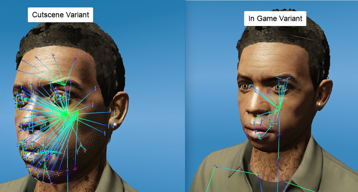 Lucas7yoshi_RS's tweet image. In GTA 5 characters that appear in cutscenes have two versions: a CS (cutscene) version and a IG (ingame) version  The cutscene version features significantly higher quality facial rigging for better expressions and adjusted to closer match the actors real life proportions. (1/2)