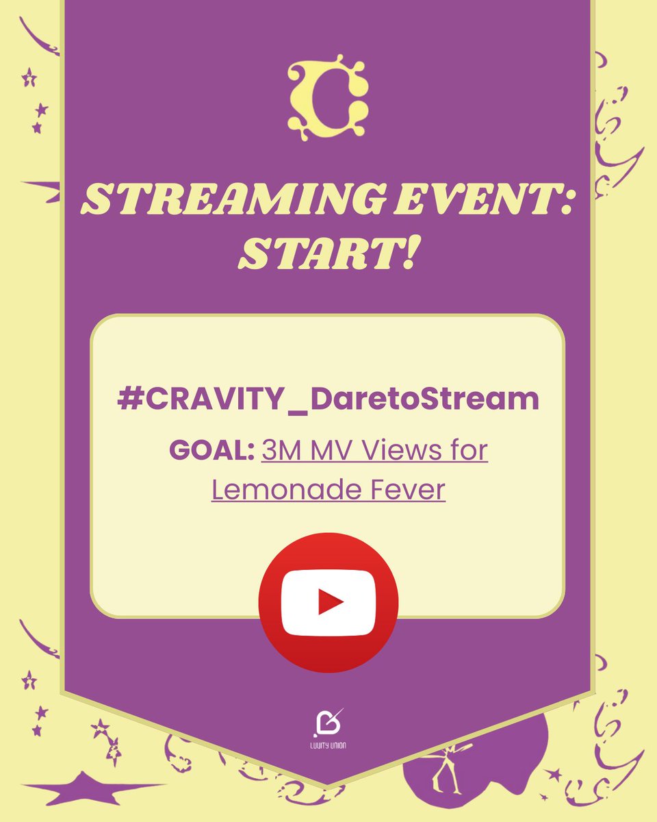 [☄️ PROJECT] START!

LUVITY, Ready— Set Go streaming❗️
We will start today's MV streaming party for about 2 hours 🤯 Let's join in!

🎯 3M Views
❗️Current views: 2.246.712 Views

Don't forget to upload the proof with hashtag #CRAVITY_DaretoStream

#CRAVITY #LUVITY #LemonadeFever