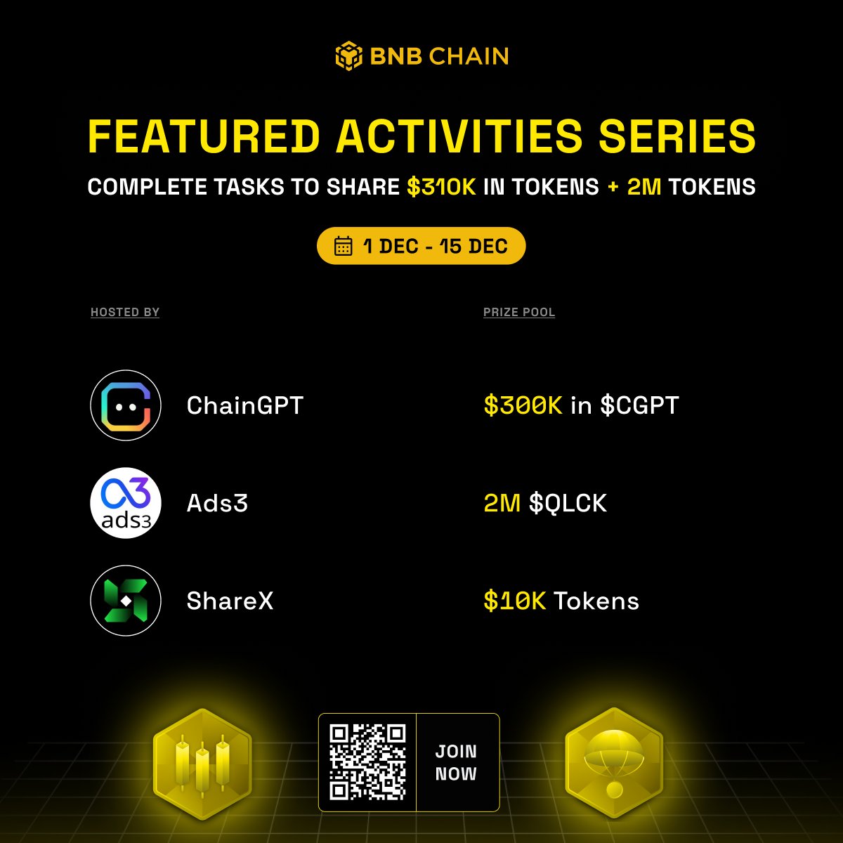Final chance to join before the deadline closes in 24hrs! 

Here's what you're missing out on 👇 

🔸 <a href="/Chain_GPT/">ChainGPT</a> Christmas $300,000 Giveaway
🔸 <a href="/ads3_ai/">Ads3</a> 2M Token Reward
🔸 Stake <a href="/ShareX_Network/">ShareX</a> NFTs to share $10,000 tokens

Ends tomorrow!

Join here: dappbay.bnbchain.org/campaign