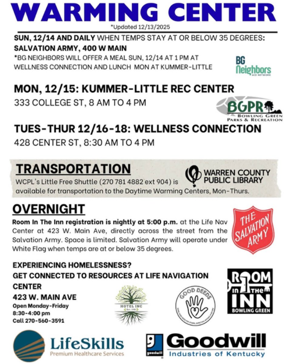 CityofBGKY's tweet image. Please share Warming Center information with those that will be seeking shelter the next several days due to low temperatures in our city.