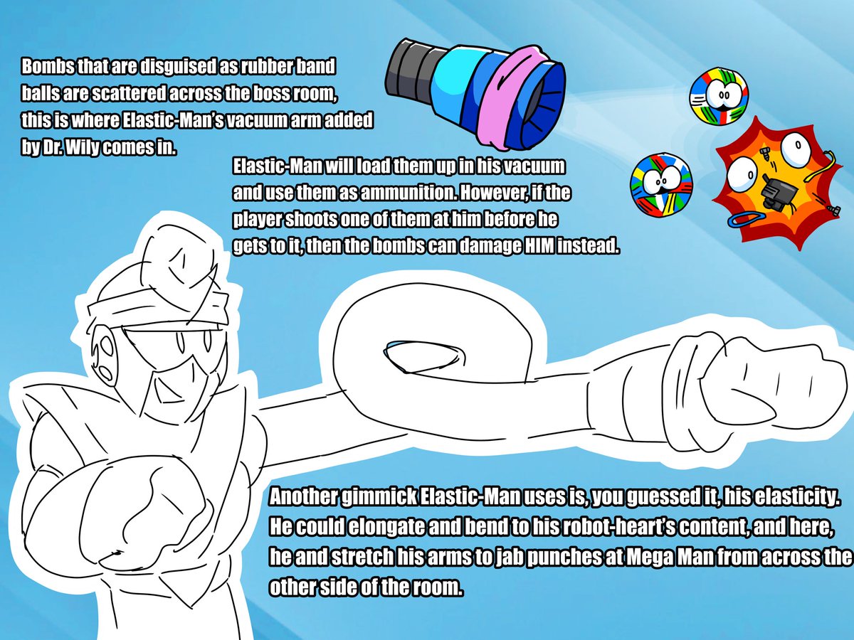 RoboQuickster's tweet image. #MegaManDO #DesignARobotMaster 

Okay, okay. Here’s my ACTUAL submission for the contest. May I introduce to you: ELASTIC MAN!

More about him in the attached images!

I know I’m not gonna win but Capcom gonna have to dm me cuz I don’t want my real name on the internet 😭✌️