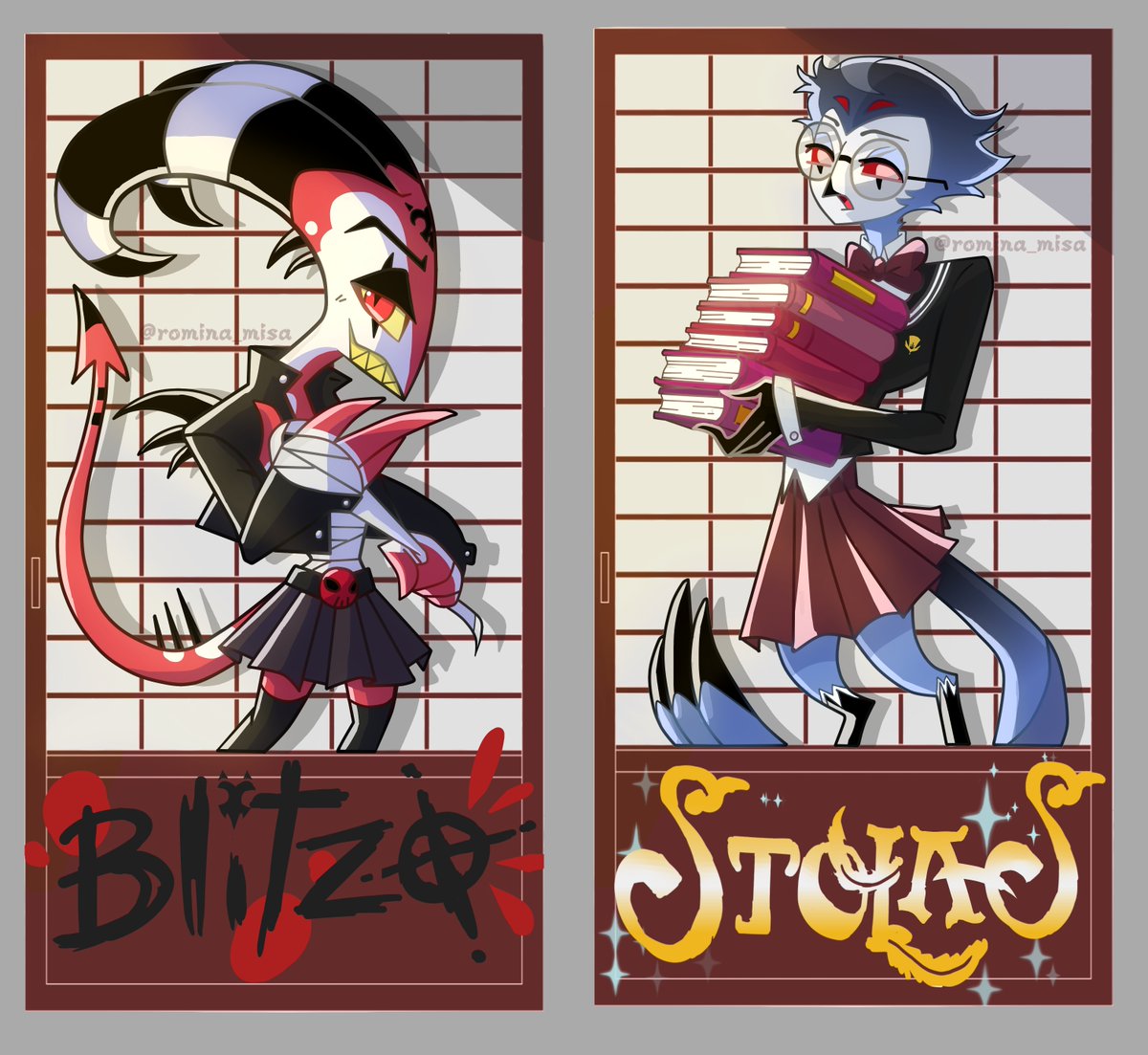 REMINAminito's tweet photo. ¡BLITZO Y STOLAS EN VERSIÓN COLEGIALAS! 😈🦉
Hice este AU (Alternate Universe) de #HelluvaBoss  que no sabía que necesitaba. la proxima fizz y ozzy re da. https://t.co/Vpcvx5dlK8