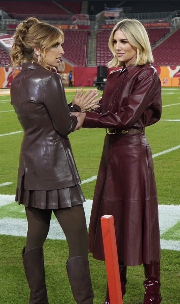 Sara Walsh looking absolutely stunning in this leather mini skirt and  tights combo along with Charissa Thompson looking stunning in this leather  dress!!!