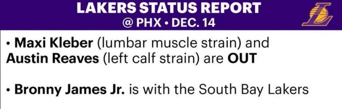 lakerslocked's tweet photo. Lakers injury report vs Phoenix
#Lakers #Lakershow https://t.co/8ZhOmChugk