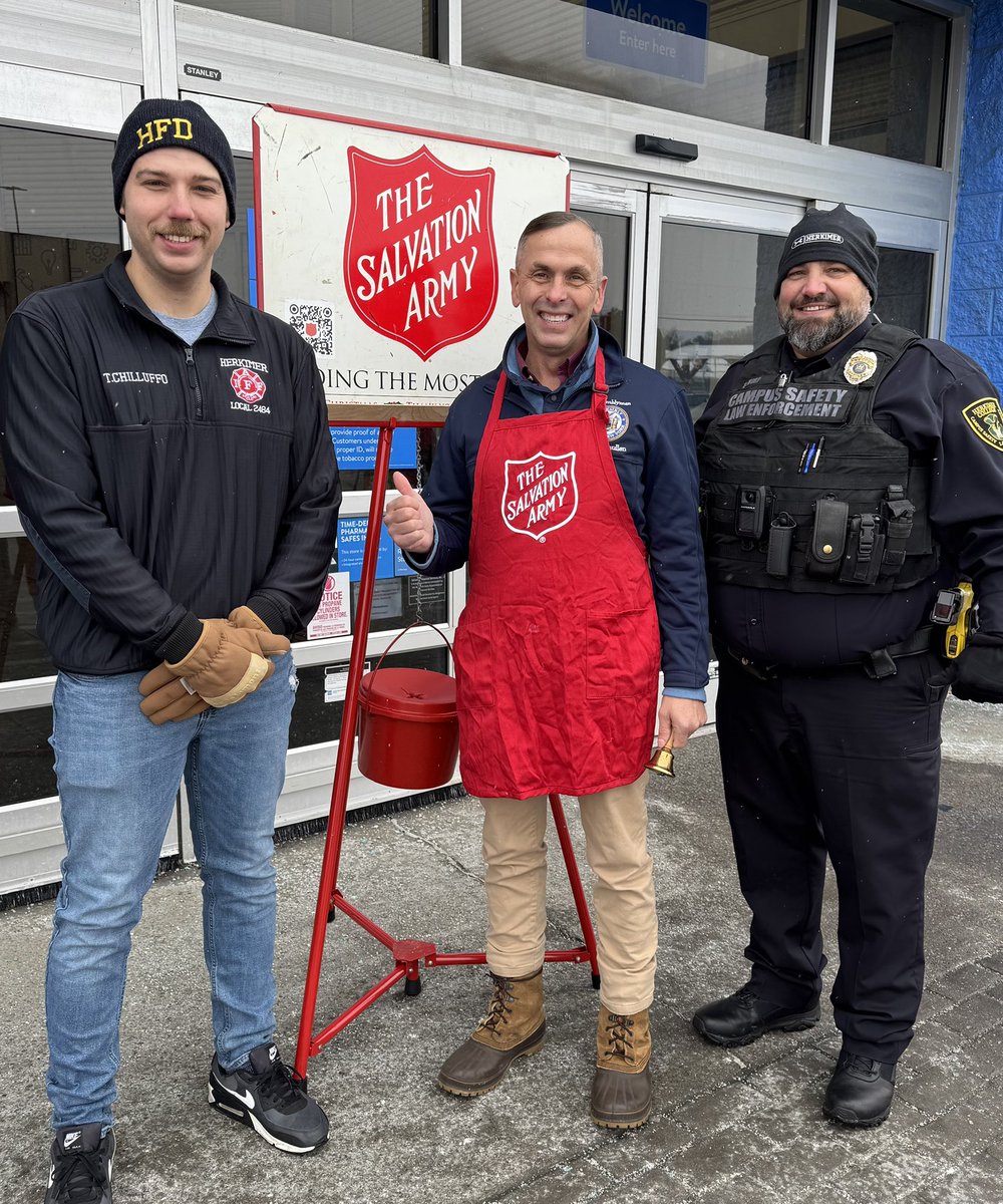 SmullenNewYork's tweet photo. Braving the cold in Herkimer today, I rang the bell to help raise money for the Salvation Army at Walmart while members of the Herkimer Police and Fire Departments collected toys for kids in need. Serving the residents of #ny21 is why I show up and why giving back to our communities matters, especially at Christmas.