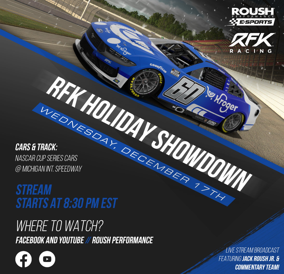 Aust1n224488's tweet photo. Really excited to be racing in the RFK Holiday Showdown this Wednesday, December 17th. This will be my first year participating and I’m really looking forward to the race.

Watch the race live at 8:30 PM EST on Facebook &amp; YouTube (Roush Performance).

#NASCAR #iRacing @RFKracing https://t.co/2UcJnTZg1M