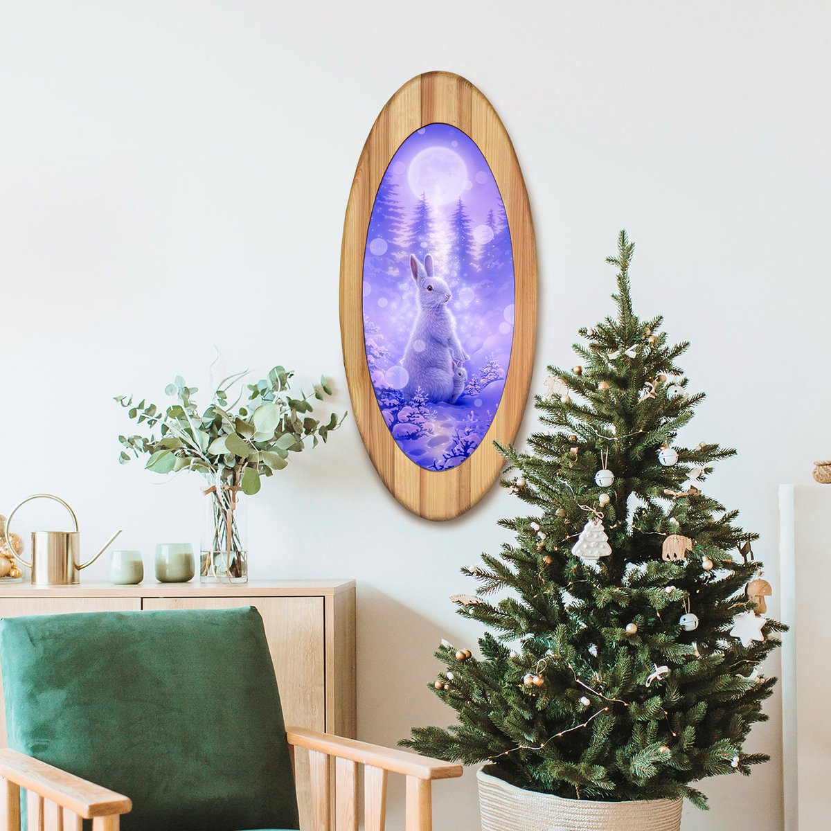 光のツリー」アクリル、杉額 月の光に輝く冬の森の中で、足跡の先に