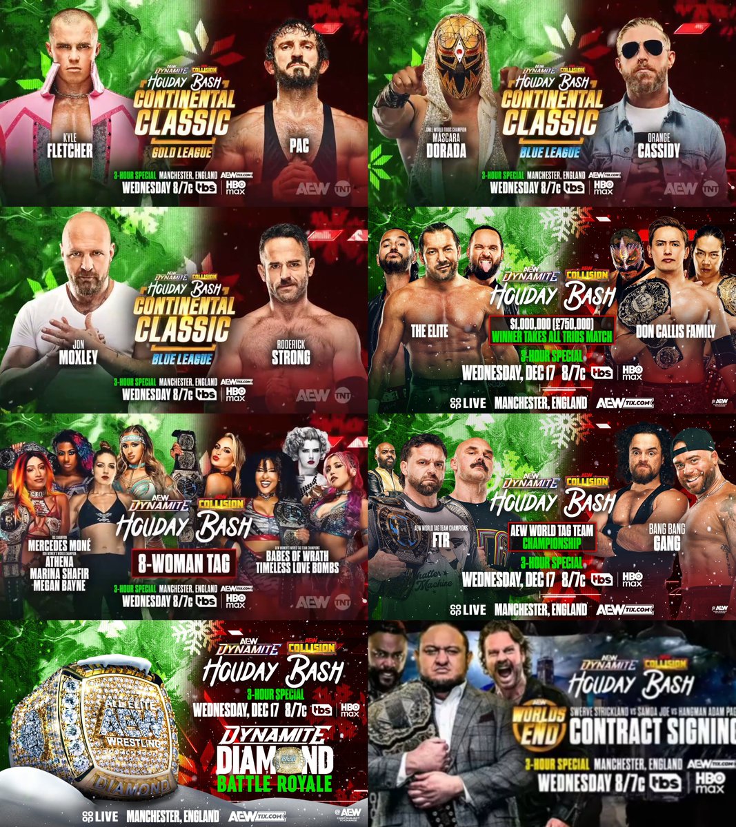 TheDrainmaker's tweet image. Holiday Bash card for Manchester, England 🇬🇧

• PAC vs Kyle Fletcher
• Máscara Dorada vs Orange Cassidy
• Roderick Strong vs Jon Moxley
• The Elite vs Don Callis Family
• Timeless Love Bombs/Babes of Wrath vs Mercedes/Athena/Marina/Megan
• FTR vs Bang Bang Gang
• Dynamite…