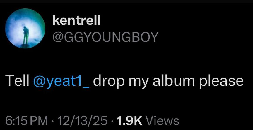Kurrco's tweet photo. NBA Youngboy asks Yeat to drop his album for him 😭 https://t.co/k6YewgryQn