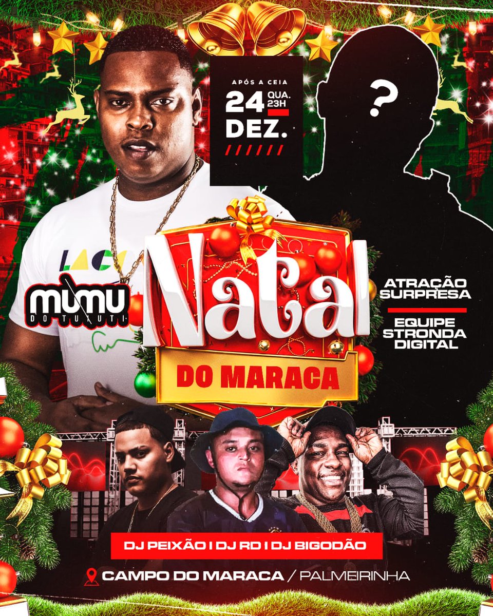 Acabou a espera 🥳🥳🥳🥳

Dia 24/12 depois da ceia natalina temos um mega encontro marcado no campo do maraca ✅

EQUIPE STRONDA DIGITAL 🔊

Dj Mumu do Tuiuti 🎶😜
Atração Surpresa 🤭

A seleção dos djs da casa quebrando tudo a noite toda🥵🥵

Tragam seus óculos escuros vamos até