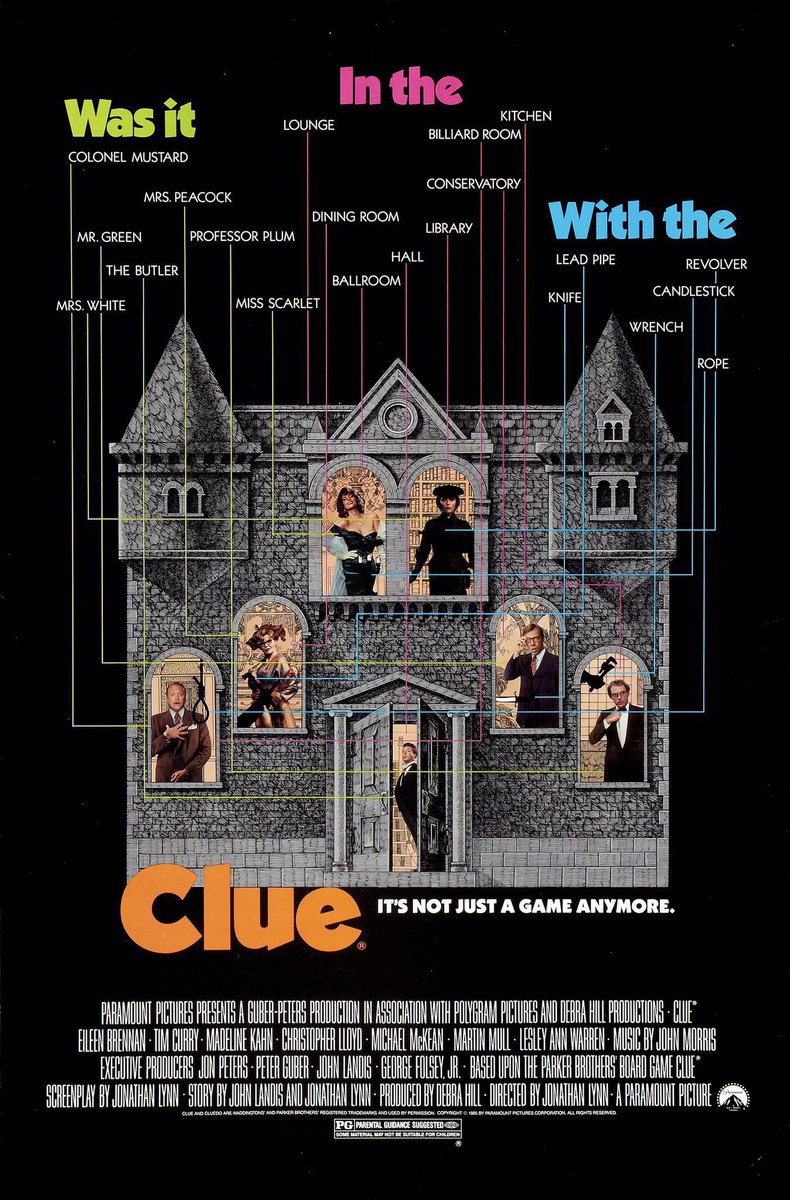 FilmNewsNos's tweet photo. 🎬MOVIE HISTORY: 40 years ago today, December 13, 1985, the movie ‘Clue’ opened in theaters!
#TimCurry #LesleyAnnWarren #MartinMull #MadelineKahn #ChristopherLloyd #EileenBrennan #MichaelMcKean #ColleenCamp #JonathanLynn https://t.co/FGWICP0Vkp