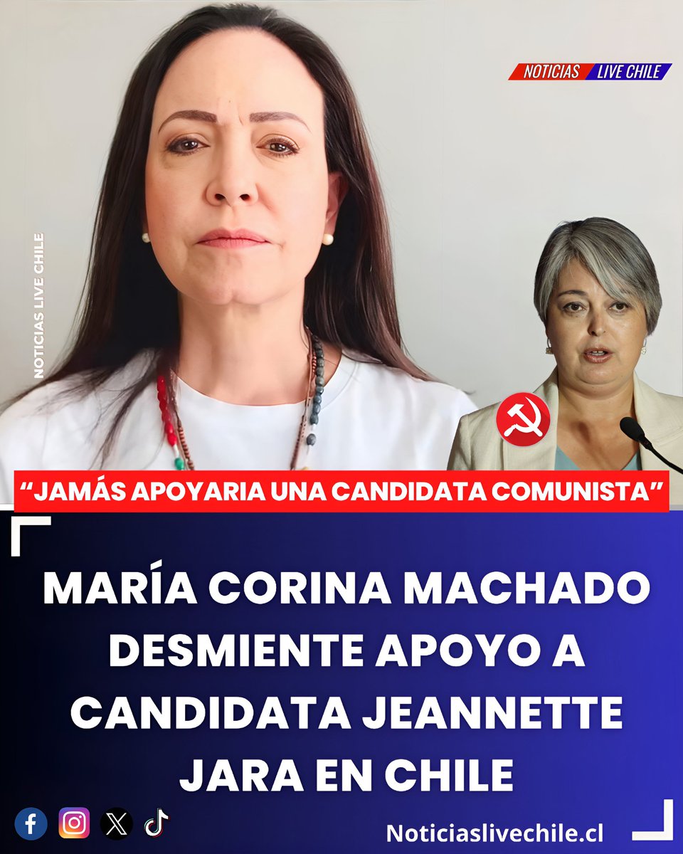 María Corina Machado desmintió categóricamente haber entregado su apoyo a la candidata chilena Jeannette #Jara, luego de que en redes sociales circularan versiones que apuntaban a un supuesto respaldo de su parte.

La dirigente venezolana fue enfática al señalar que dicha
