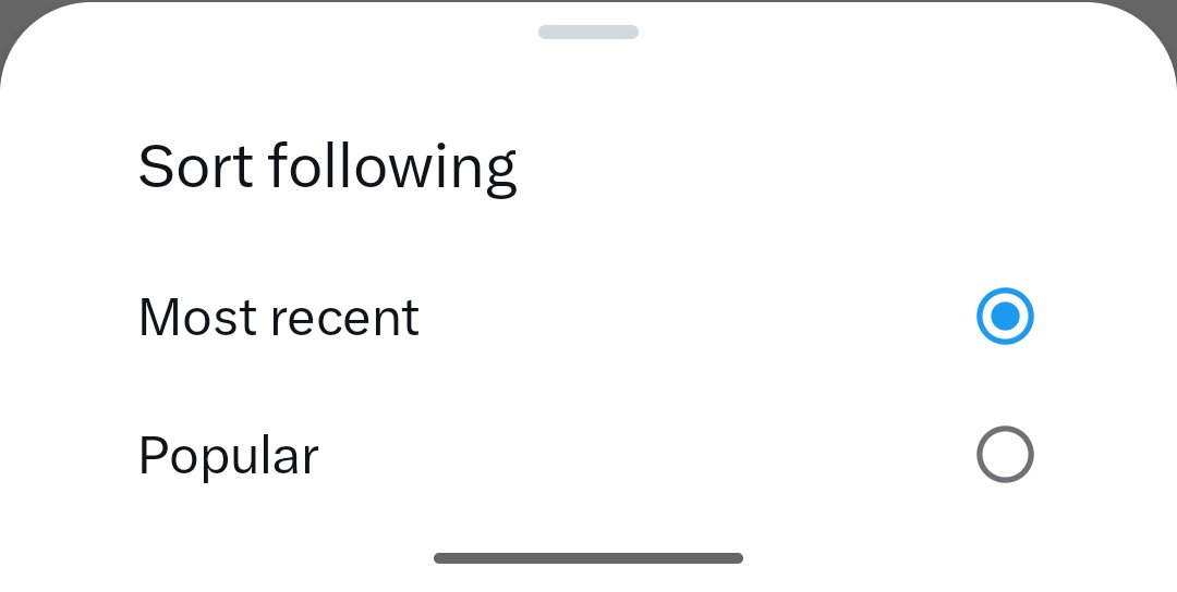 Xのアプリ版の仕様変更で「フォロー中」ではデフォルトが“人気順(Popular)”表示になるみたいです。
従来通りの表示(最新投稿順)にするには
①「フォロー中」タブの右の“v”を押す
②出て来た“Sort following”の画面で“Most recent”を選択
とすれば従来の表示になります😊
#Xの表示
#仕様変更