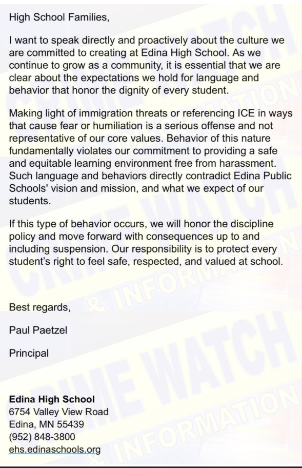CrimeWatchMpls's tweet photo. Edina Public Schools @edinaschools has decided that they're going to suspend students who engage in First Amendment free speech about ICE, in order to protect the feelings of illegal aliens. https://t.co/WUtvNOxHRz