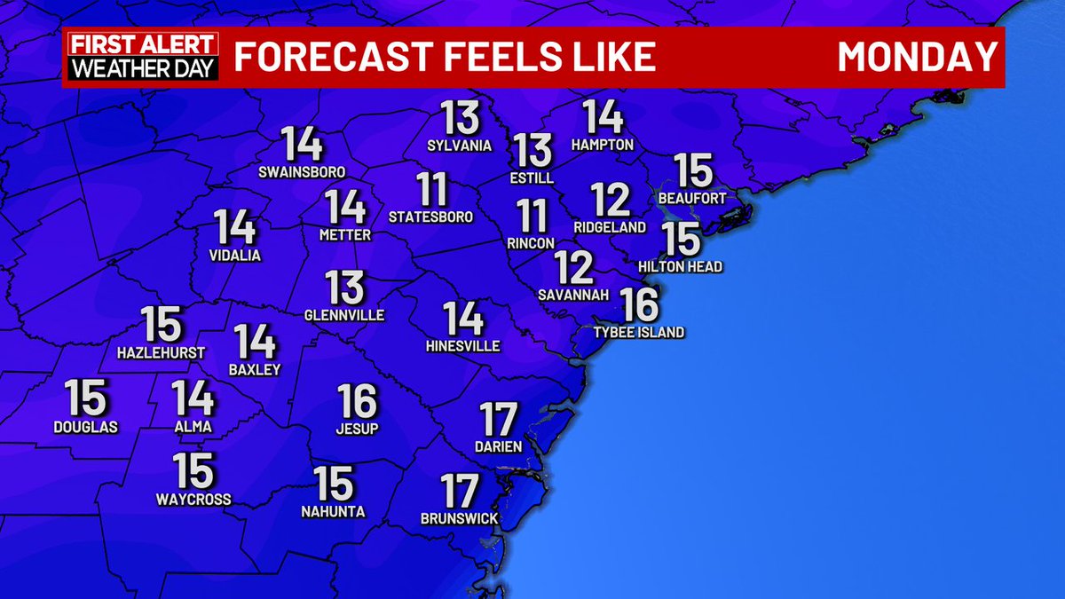 WxDylanSmith's tweet photo. Get ready to need multiple heavy layers on Monday Morning! #FAWD #savannahga #bundleup #COLD https://t.co/rZ67WXosFc