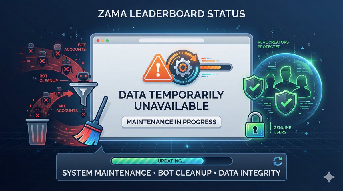 futurexp_'s tweet photo. $Zama leaderboard data temporarily down

if you've been building genuinely:
your contributions are tracked
your engagement is recorded
your rank is safe

if you've been gaming the system:
this might be the cleanup 

either way, keep creating quality content
real value always wins long-term

day 14/31 

#ZamaCreatorProgram
@zama