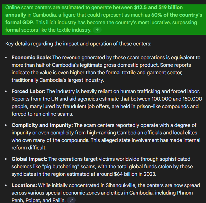 HoldRonix's tweet photo. 1. Cambodia and Thai have a tumultuous relationship and are historical enemies for centuries.

2. Scam centers contribute a significant part of Cambodia's GDP. Strongly rumored to have governmental backing.

3. Scams heavily targeted Thais due to knowledge of culture and society. (of course they target basically everyone at SEA too). Accoridng to some reports, up to 60% of Thai adults have been subjected to scam attempts. It is a serious drain on Thai economy, up to 4 billion USD.

I didnt research on where the scam originate from mostly but it is reasonable to assume many came from operations run on Cambodian territory.

4. Making it a very predictable military target to cripple Cambodia's financial infrastructure