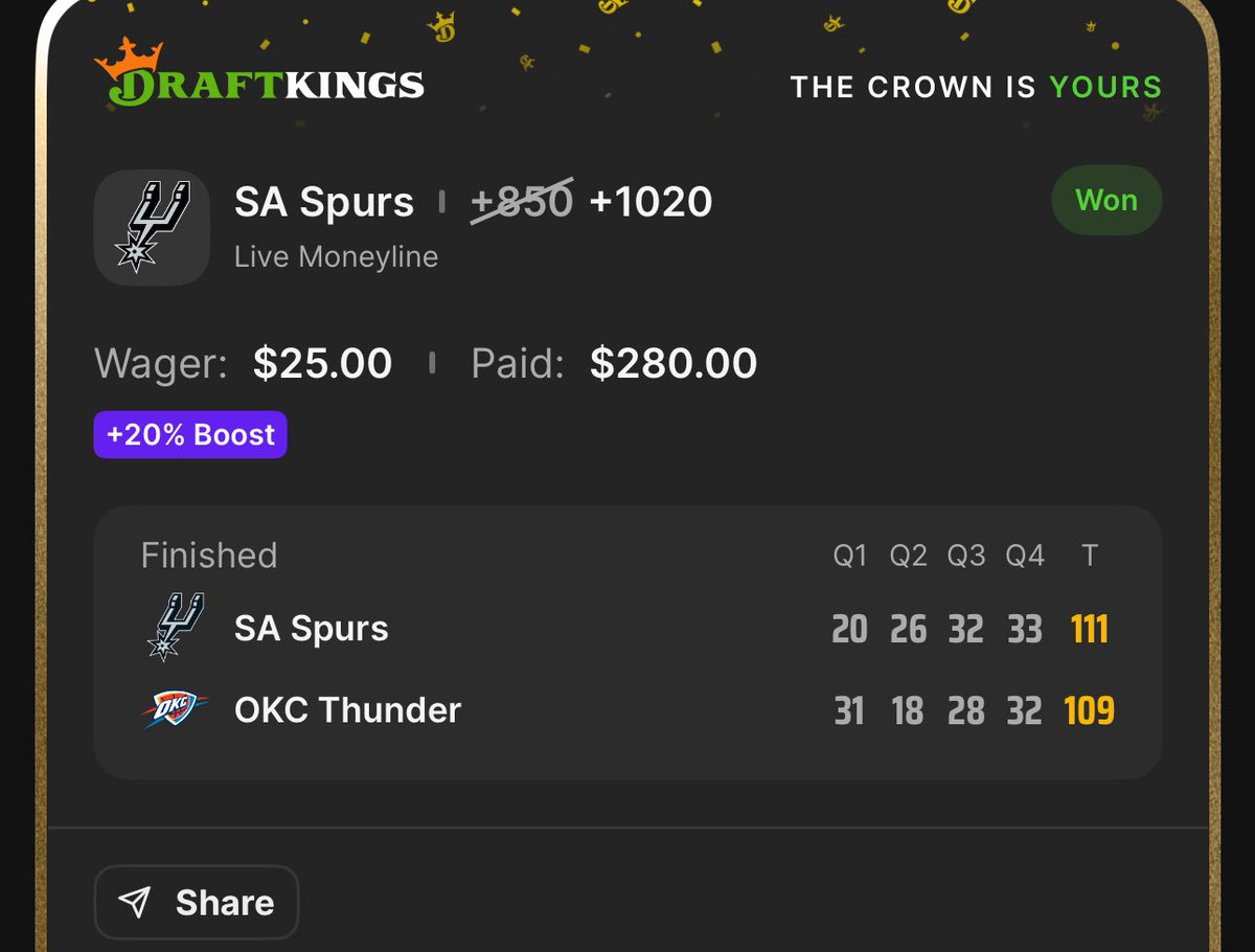Waffflelo's tweet photo. It’s been a good week for sports betting 🫡

OKC ain’t got nothing on my Spurs 🤏 https://t.co/3cTBtk1s94