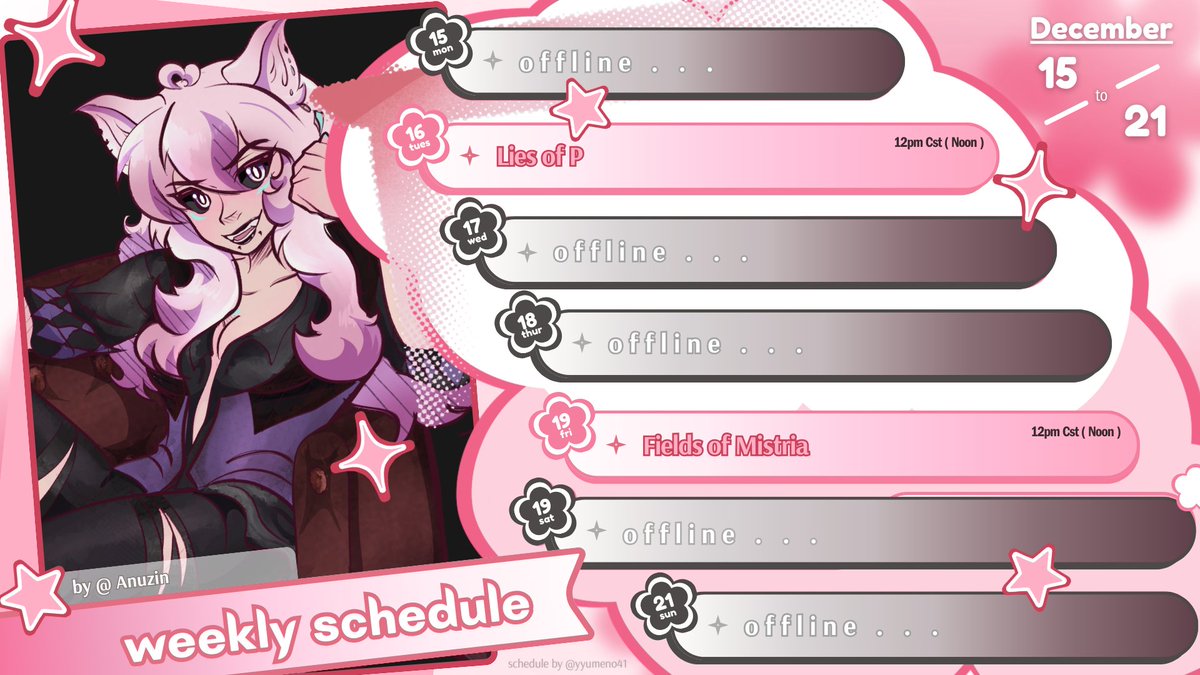 Stream schedule’s posted ✨

Back at it with Lies of P and Fields of Mistria this week—12PM CST both days.

Same fox, same energy: slightly unstable but surprisingly cozy~ I've missed you Kitsus!💖

✨🌸[ #Vtuber | #ENVtuber | #TwitchSchedule | #KitsuSchedule ]🌸✨