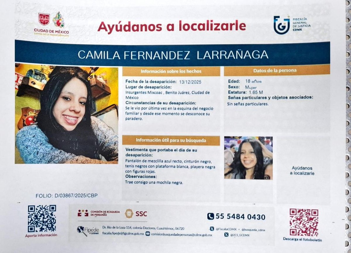 Camila Fernández Larrañaga está desaparecida. Su familia la busca. De antemano, se agradece la difusión.