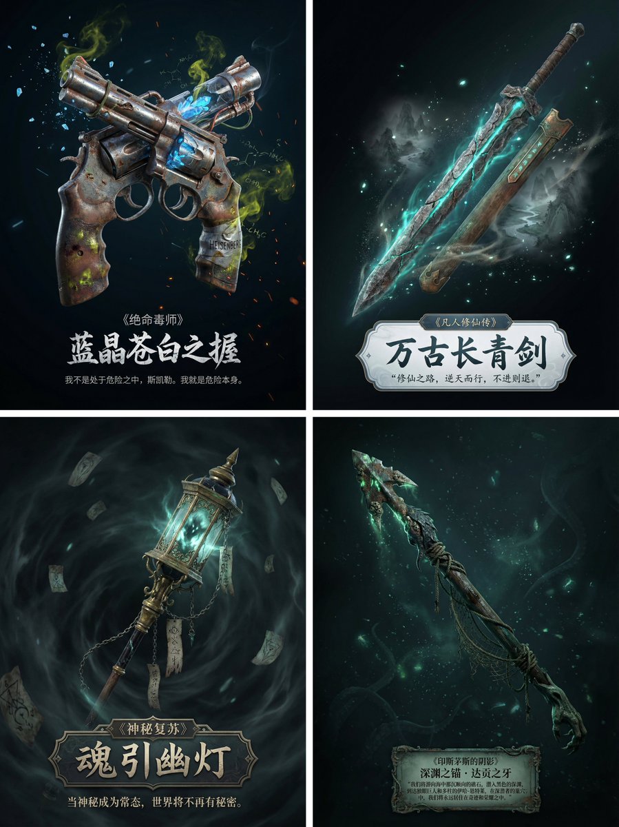 Nano Banana Pro는 또한 매우 강력한 추상화 기능을 갖추고 있습니다!
무기는 소설이나 영화/TV 프로그램의 요소들을 조합하여 만들어낼 수 있다.
이 무기는 자체적인 디자인 능력을 갖추고 있으며, 소