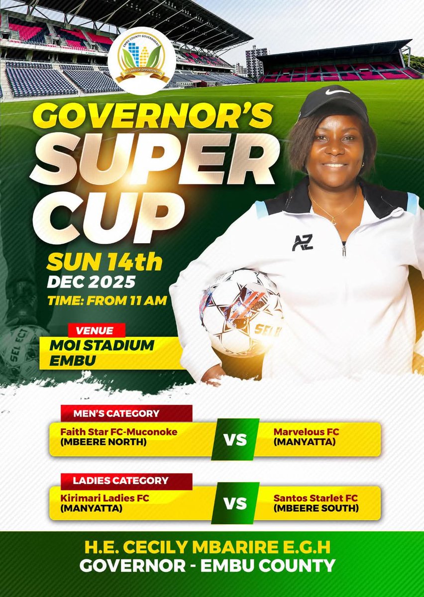 Time is Clocking near to Governor's Super Cup at Moi stadium Embu County. 
Governor Ceciliy Mbarire
#GovernorMbarireSuperCup
#JazaEmbuStadium