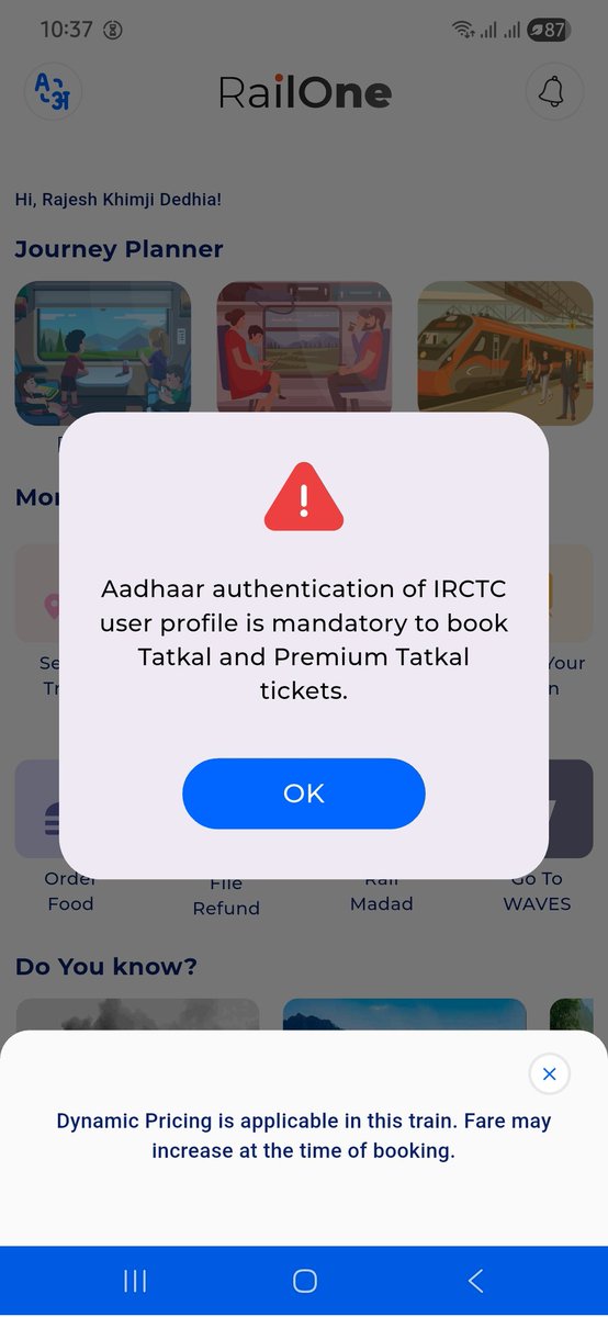 rkdedhia's tweet photo. @RailMinIndia @RailOneIndia @IRCTCofficial @PMOIndia

I attempted to book Tatkal tickets again today and was denied, with the reason provided being that only Aadhaar-authenticated individuals can book tickets. Where asI am already authenticated. I have attached a screenshot. https://t.co/YPywe4gJjD
