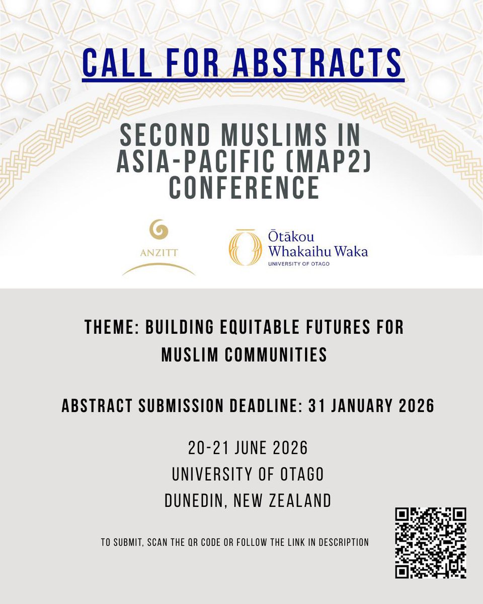 aaimsau's tweet photo. 📣 CALL FOR ABSTRACTS | MAP2 Conference 2026

📍 University of Otago, Dunedin – New Zealand
📅 20–21 June 2026
🗓 Abstract Deadline: 31 January 2026

🔗 Submit your abstract via the link or QR code https://t.co/l80qXOXfU0