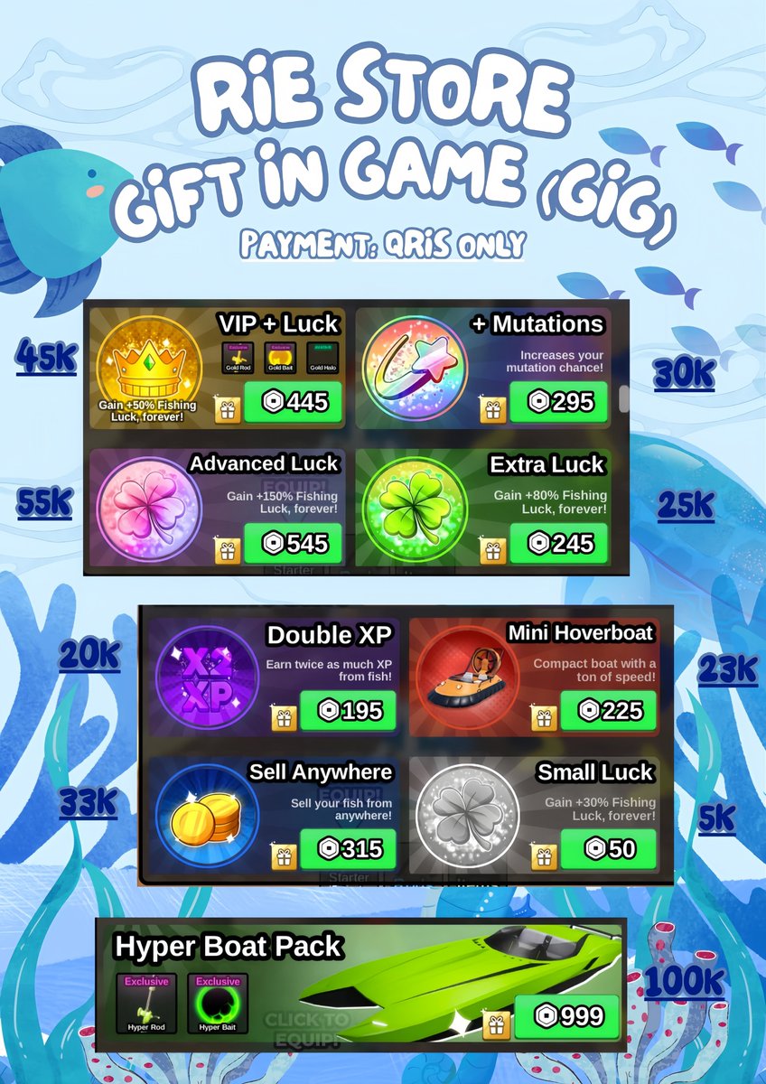 Gift In Game Fish It !! 🐋🐳
SKIN LIMITED TINGGAL 1 DAY LAGI.

🌸Skin The Vanquisher 849r = 85k
🌸Skin Ban Hammer 1099r = 110k
🌸Skin Binary Edge 799r = 80k
🌸Skin Corruption Edge 799r = 80k

Elderwood/Luxury/Enchanted 99r = 10k/spin

Avail QR.
WA: bit.ly/whatsapprie